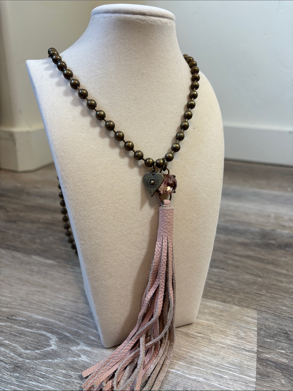 Boho Leather Pink Tassel Necklace with Bronze Ball Chain and Heart Charm